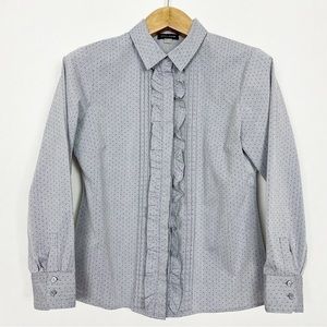 Tommy Hilfiger Grey Buttoned Blouse Shirt Ruffles Navy Polka Dots Size‎ Medium